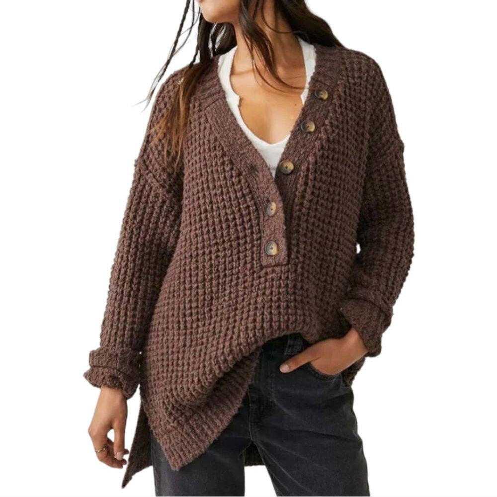 Free People Oversized Whistle Thermal Henley Sweater Brown